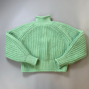 H&M Sweater Womens Small Green Roll Neck Chunky Knit Crop Indie Cozy Bright Wool